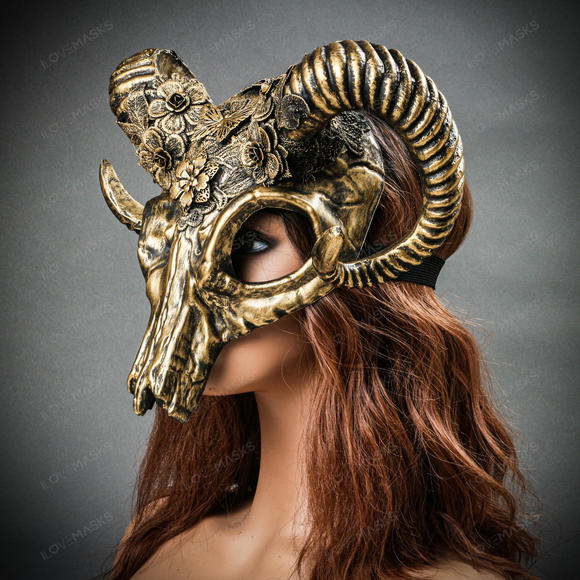 Antelope Devil Ram Horn Skull Ghost Masquerade Mask - Black Gold - Picture 3 of 9